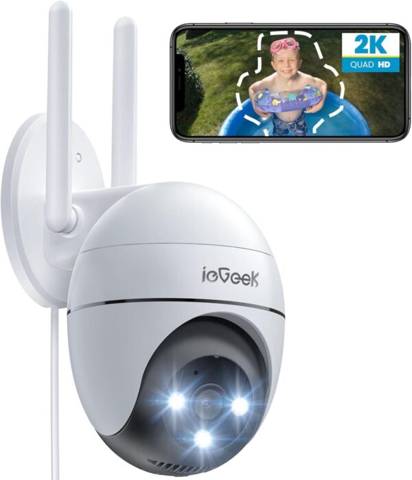 ieGeek 2K Camara Vigilancia WiFi Exterior con Eléctrico, PTZ 355°, Detección de Humano, Seguimiento Automático, Visión Nocturna Color, Alarma de Luz y Sonido, Grabación Continua, Compatible Alexa