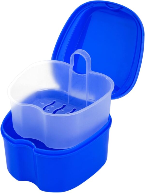 Caja de Dentadura Postiza Caja de Baño Estuche para Dentadura con Colador para Dientes Falsos Almacenamiento Remojo Limpieza Azul Oscuro
