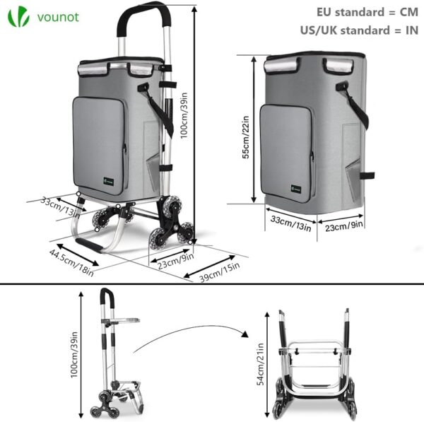 VOUNOT Carrito Compra Plegable de Aluminio, Carro de la Compra 6 Ruedas con Bolsa Impermeable Desmontable y Ganchos, 50L, Gris - Image 6