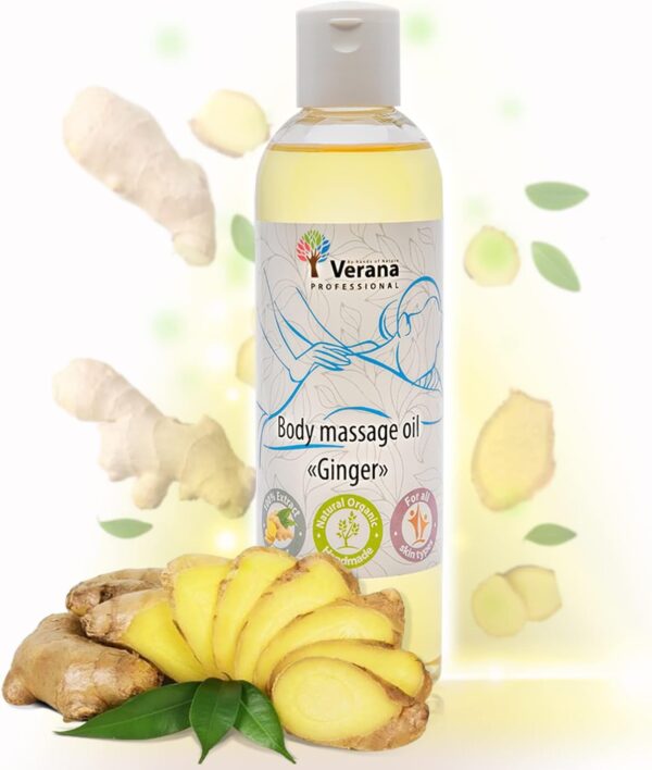 Verana Aceite de masaje corporal Jengibre, cosmética natural para todos los tipos de piel, efecto revitalizante y calmante, calma el sistema nervioso, aromaterapia (250ml)