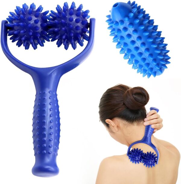 Riisoyu Rodillo de Masaje de bola de masaje, Bolas de Masaje Hedgeball con Mango Bola de Masaje Fascial Intercambiable para dolor muscular en piernas espalda brazos y hombros, azul