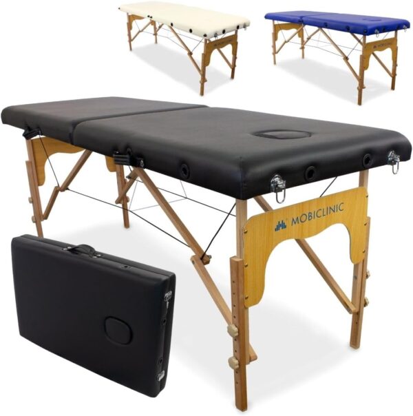 Mobiclinic, Camilla de masaje Plegable, CM-01 Basic, Mesa de Masaje, Camilla de masaje profesional, portátil, madera, 2 cuerpos, Marca Española, Regulable, 180x60 cm, Negra