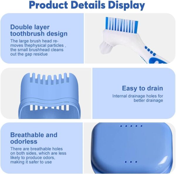 mizikuu 6 Piezas Caja Dentadura kit, Estuche Para Dentadura con 2 Pcs Cepillo de Dientes Postizos Caja de Almacenamiento de Dentaduras Postizas con colador Caja ortodoncia para Remojo Limpieza - Image 5