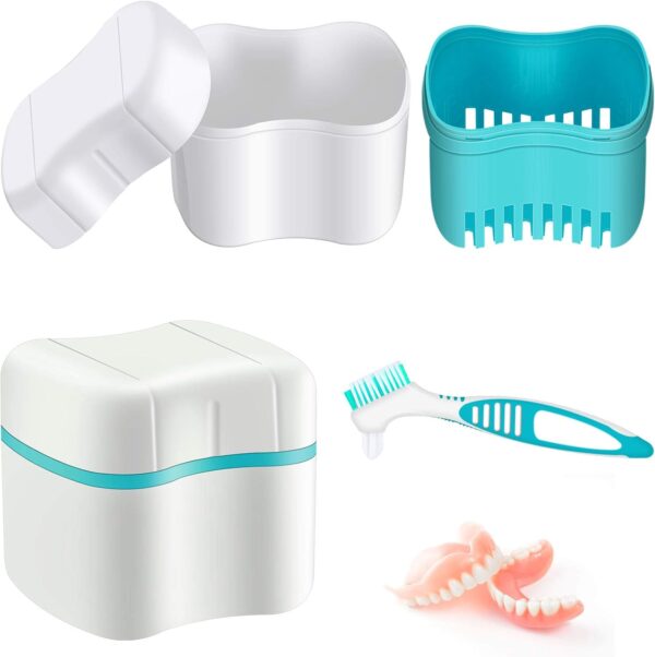 Caja de Baño de Dentadura con Cepillo Limpiador de Dentaduras Cepillo Dientes de Dentaduras Postizas, Caja Contenedor de Dentaduras con Cesta Retenedor Cepillo Dentadura para Viaje (Verde)