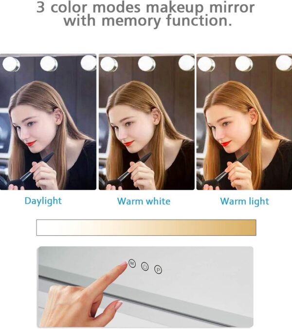 iCREAT Espejo de Maquillaje Hollywood con Luces, 3 Modos de Color, Espejo de Mesa sin Marco con Control Táctil Inteligente, 15 Bombillas Regulables, Salida USB, 58X46 cm, Blanco - Image 5