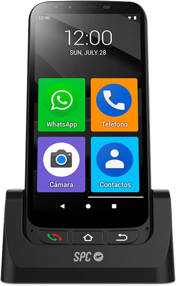 SPC Zeus 4G Pro + Carcasa | Smartphone fácil Uso Mayores | Iconos XXL, Botón SOS, Configuración remota | 5,5”, 4GB RAM, 64GB Memoria Interna, cámara 13MP, Android 11, Base de Carga, Negro