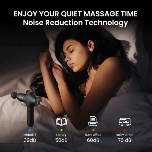 Mebak 3 Pistola de Masaje Muscular Profesional Massage Gun Masajeadora Eléctrico Percusión Tejido Profundo Atleta Alivio del Dolor Corporal Silenciosa Pantalla LCD 7 Cabeza 5 Velocida Amplitud 12mm - Image 7