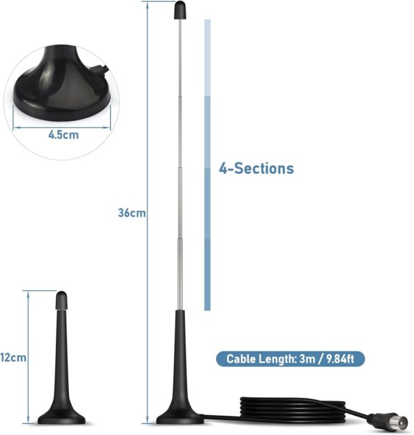 Bingfu Antena Radio DAB FM Interior 75Ohm Antena Telescópica TV Macho y 2 Adaptador Base Magnética 3Metro para Radio FM Sintonizador de Radio Portátil Receptor Estéreo Receptor AV Amplificador Estéreo - Image 2