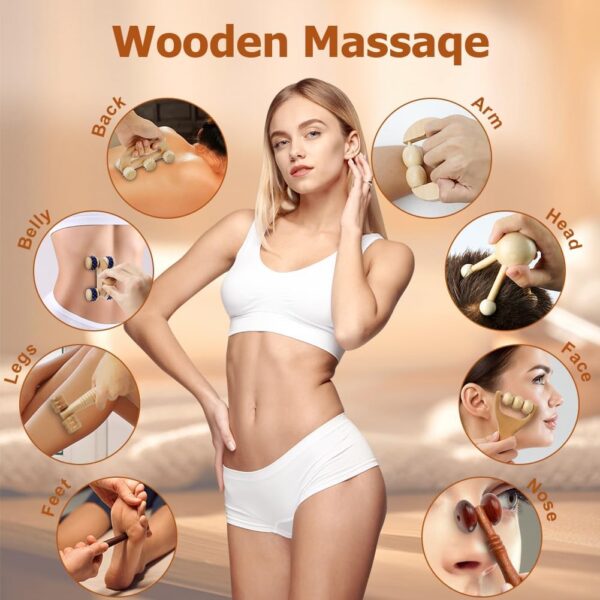 ACWOO 8 Pcs Herramienta de Masaje de Terapia de Madera, Masajeador Anticelulitico, Masaje Linfatico con Madera, Kit Maderoterapia, Juego de Rodillo de Madera, Guasha Masajeador Celuliti para Corporal - Image 4