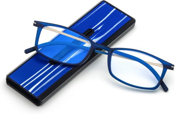 MMOWW Anti-luz Azul Gafas de Lectura Ultra Ligeras para Hombres Mujeres Plegables Compacto Lector de Ordenador Portátil Estuche Plano Delgado Estirable Único (Azul, +2.5)