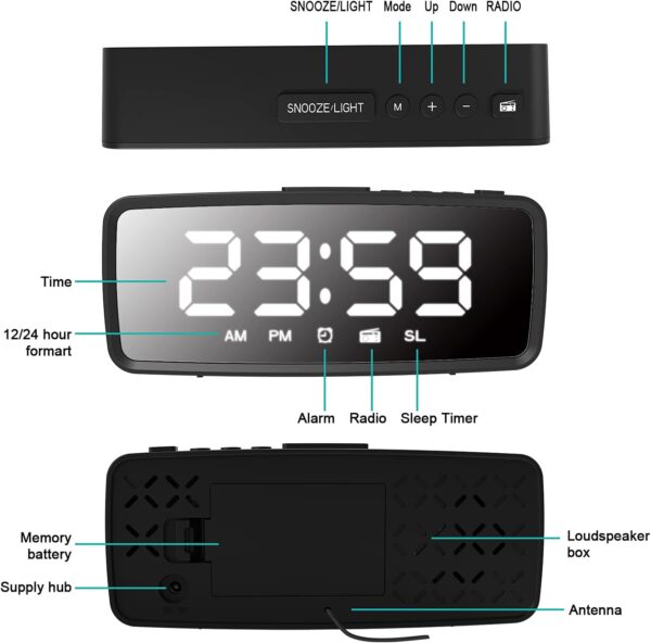 ThreeH Radio Reloj Despertador FM76-108 MHz 15 Niveles Volumen Fuerte Reloj Despertador para Personas Mayores Dormilón Pesado 2 Sonidos Timbre Alimentación por Cable y Batería Negro - Image 6
