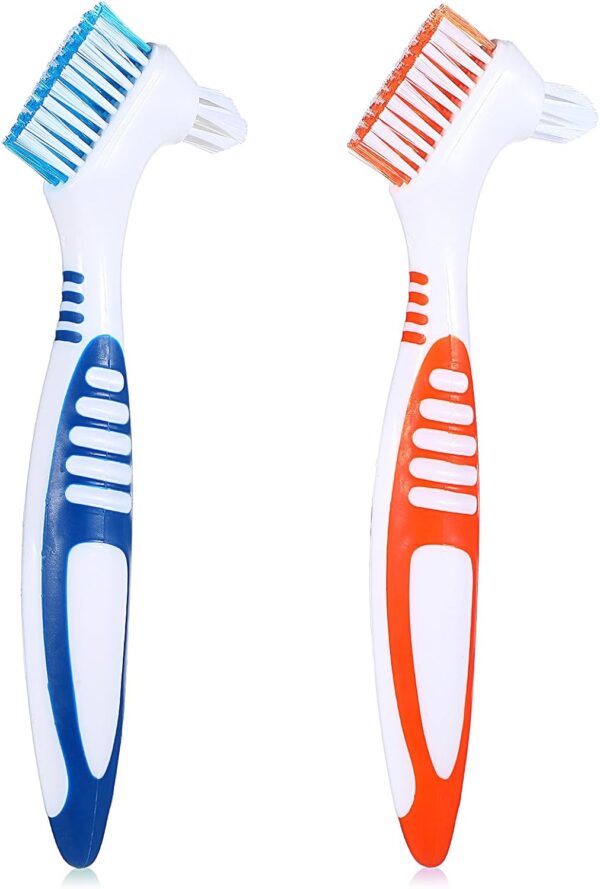 WLLHYF Juego de 2 cepillos de dientes para dentaduras postizas de doble cara, juego de limpiador de dentaduras postizas de alta calidad, cerdas multicapa, mango de goma (azul/naranja) - Image 8