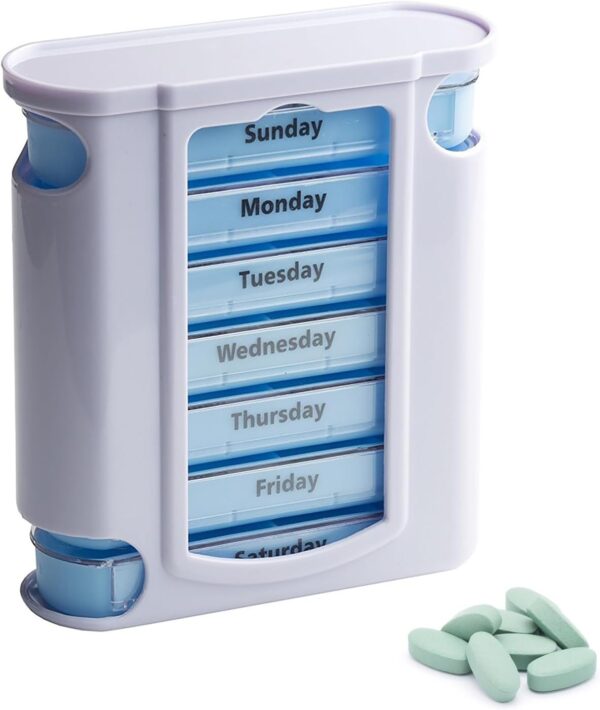 Organizador semanal de pastillas,Pastillero Semanal 7 Dias, Pastillero semanal 4 veces al día, Dosificador de Comprimidos con 28 Compartimentos, 13 x 11,5 x 4,5 cm