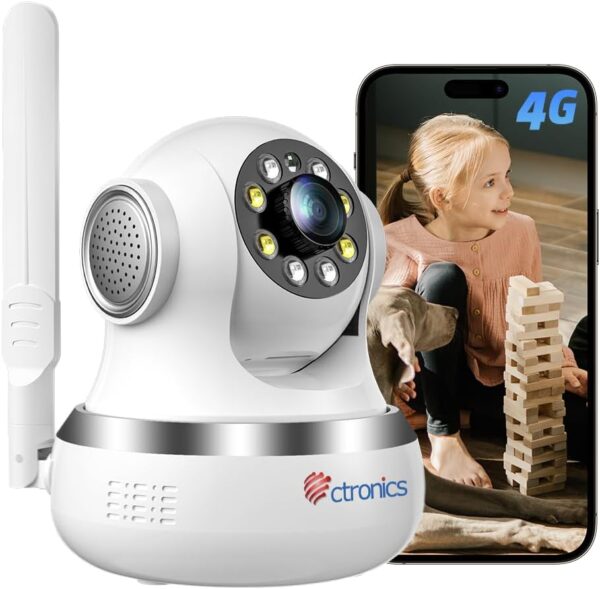 Ctronics 3G/4G LTE Cámara de Vigilancia Interior con Tarjeta SIM, 360° PTZ IP Cámara de Seguridad Inalámbrica, Detección Humano, Seguimiento Automático, Visión Nocturna en Color, Audio Bidireccional