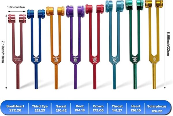NEWFUN Diapason, Diapasones Terapeuticos Chakras, Juego de Diapasones de 8 Piezas, Para Terapia de Sonido Terapéutico, Vibraciones Equilibrantes, 2 x Martillos de Silicona,1 x Bolsa - Image 6