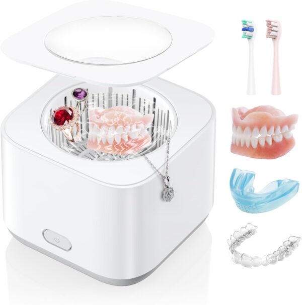 Limpiador Ultrasonidos Dental Limpieza, 43KHz Dental Pod Ultrasonic, Para Dentaduras Postizas, Alineadores, Retenedores, Cabezas de Cepillos de Dientes, Limpiador Ultrasónico Eficiente de 360°, 200ml