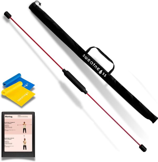 sweatness Barra oscilante de 160 cm para fisioterapia, para adultos, incluye libro electrónico (archivo PDF) y 2 bandas de terapia, barra flexible para fitness, barra oscilante flexible