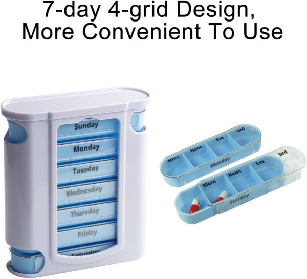 Organizador semanal de pastillas,Pastillero Semanal 7 Dias, Pastillero semanal 4 veces al día, Dosificador de Comprimidos con 28 Compartimentos, 13 x 11,5 x 4,5 cm - Image 5
