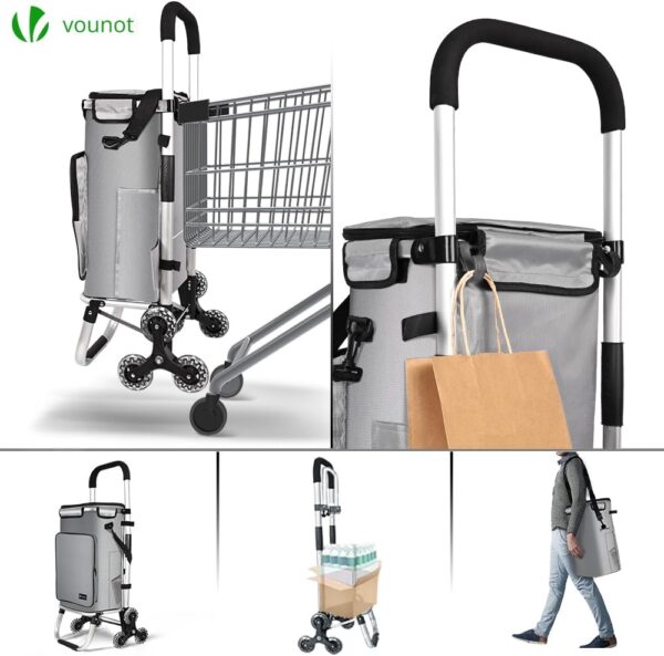 VOUNOT Carrito Compra Plegable de Aluminio, Carro de la Compra 6 Ruedas con Bolsa Impermeable Desmontable y Ganchos, 50L, Gris - Image 4