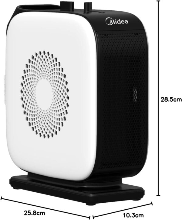 Midea Nty15-19Cae - Termoventilador de bajo consumo PTC, cerámica, calentador eléctrico portátil, 1500 W energéticamente eficiente con termostato ajustable, blanco y negro, 25,8 x 10,3 x 28,5 cm, 3 kg - Image 9