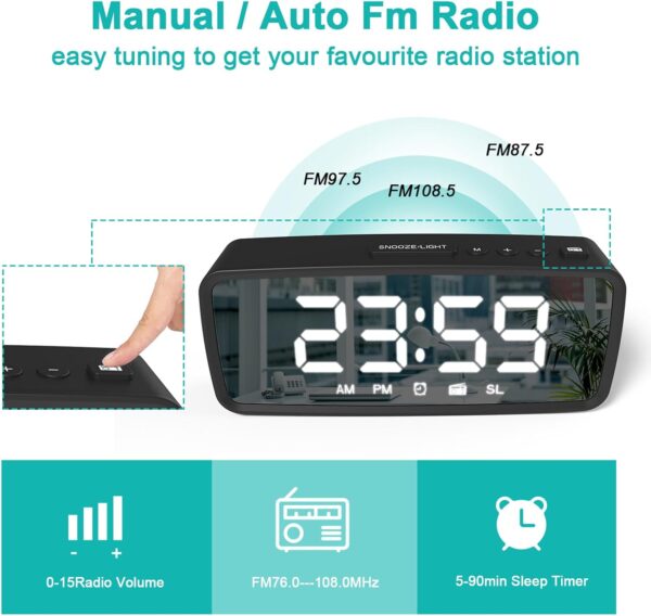 ThreeH Radio Reloj Despertador FM76-108 MHz 15 Niveles Volumen Fuerte Reloj Despertador para Personas Mayores Dormilón Pesado 2 Sonidos Timbre Alimentación por Cable y Batería Negro - Image 2