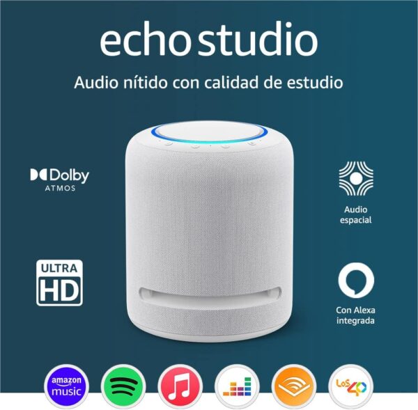 Echo Studio (Última generación) | Nuestro altavoz inteligente wifi y Bluetooth con mejor sonido hasta la fecha, con audio espacial, Dolby Atmos, Alexa y controlador de Hogar digital | Blanco