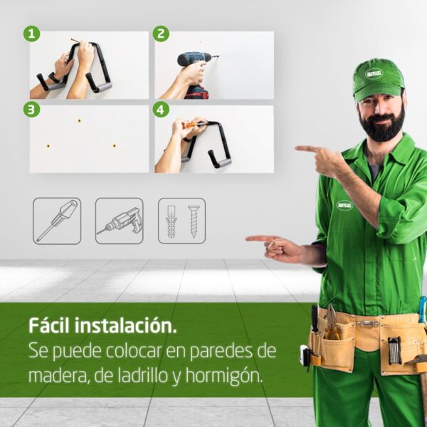 Amig - Gancho Colgador de Pared | Soporte para Bicicletas y Herramientas | Acero Zincado | Recubrimiento de Goma Antideslizante | Fácil Instalación | Peso recomendado: 35 kg - Image 4