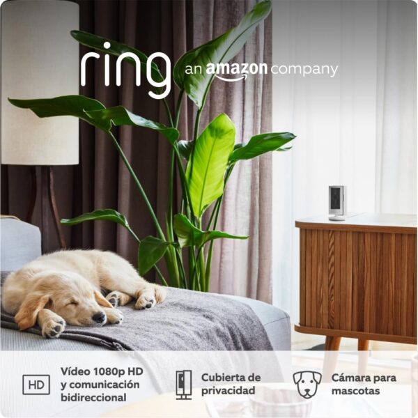 Ring Cámara interior (Indoor Camera 2.ª gen.) | Cámara de vigilancia wifi con enchufe para mascotas | Vídeo 1080p HD, comunicación bidireccional, cubierta de privacidad | 30 días gratis de Ring Home