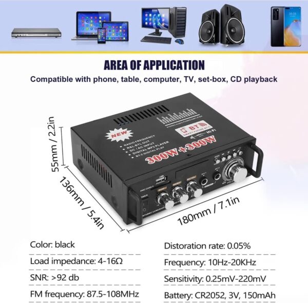 Etlephe Amplificador Audio, Amplificador HiFi, 600W Amplificador Estéreo Bluetooth 5.0,12V 220V 2 Canales, Pantalla LCD, Alta fidelidad, Radio FM Portátil, SD Card/USB Input, para hogar o Coche - Image 9