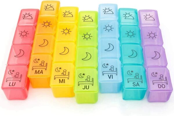 Pastillero Semanal de 4 Tomas Diarias en español, Cerrado Herméticamente Organizador Medicamentos 28 Compartimentos Certificado Alimentario Para La Memoria, Dosificador Pastillas, Viaje - Image 2