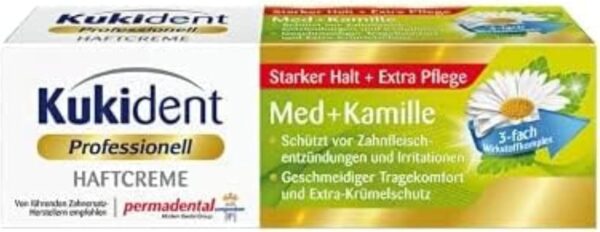 Kukident Crema adhesiva profesional Med + manzanilla – Adhesivo para dentaduras postizas – Sujeción fuerte, protección extra de encías – 1 x 40 g