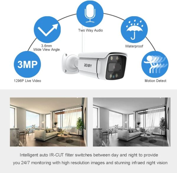 REIGY 3MP Kit Camara de Vigilancia WiFi Exterior con Spotlight, Sistema de Seguridad IP Interior 4X 1296P Camara y 8CH 5MP NVR, Visión Nocturna Colorida, Detección Movimiento Sin HDD - Image 2