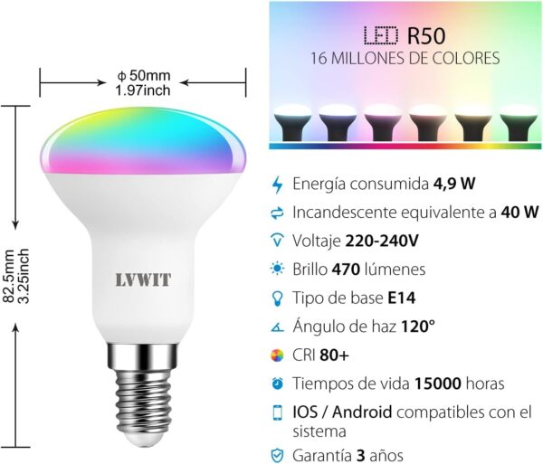 LVWIT Bombillas Inteligentes E14, Compatible con Alexa, Google Home Assistant y Smart Life/Tuya App, Bombilla Wi-Fi R50 4.9W 470 Lm, Lámpara Regulable LED equivalente a 40W - 2 Unidades. - Image 3