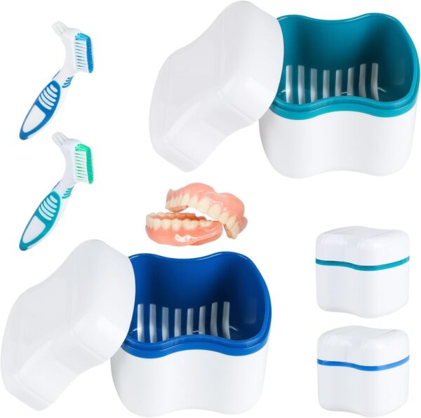SUPAWAY 2 Estuche para dentadura Funda de dentadura Caja de dentaduras postizas con colador Caja para ortodoncia Caja de dentadura para almacena con 2 Cepillo de limpieza de dentadura Azul+Verde