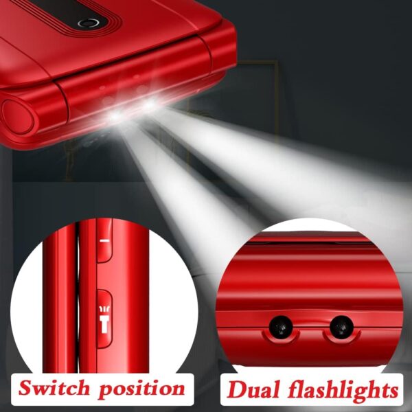 uleway Teléfono Móvil con Tapa para Mayores, Senior Móvil de Teclas Grandes, Pantalla de 2,4 Pulgadas, Botón SOS, Linterna, Cámara, Cuna de Carga, Fácil de Usar para Ancianos (Rojo) - Image 8