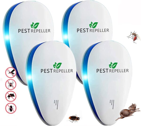 Repelente Ultrasónico de Plagas,Moscas,Mosquitos,Ratones,Arañas,100% Inofensivo para Mascotas y Humanos (4 Paquetes),Electrónico Repelente Mosquitos Insectos para Interiores Anti Cucarachas
