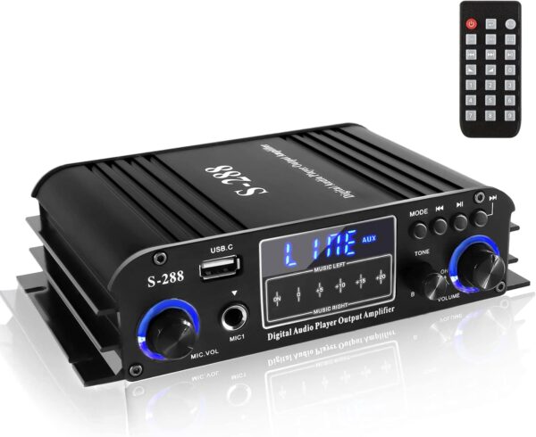 Etlephe 4 Canales Amplificador Audio,Amplificador HiFi,Amplificador Estéreo Bluetooth 5.0,2000W,FM Radio Portátil SD Card/USB Input/FM Radio, para el hogar o tu Coche 50W x4