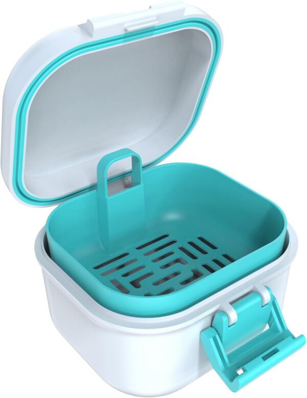 ARGOMAX Caja de prótesis a prueba de fugas, caja portátil para prótesis dentales, caja de dentaduras con colador, para prótesis dentales y aparatos ortopédicos (blanco + cian).