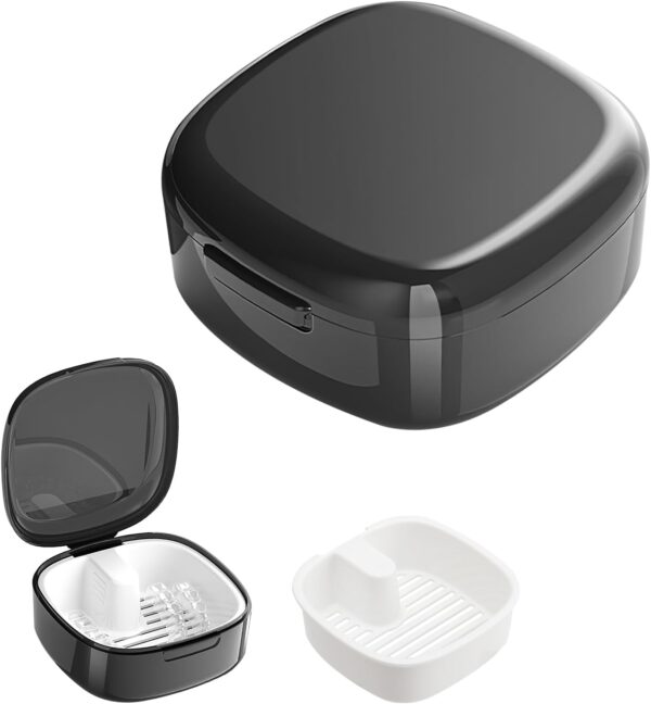 Caja para prótesis dentales con colador, caja de prótesis para prótesis, caja de almacenamiento con recipiente colgante para dentaduras postizas, caja de llaves (negro)