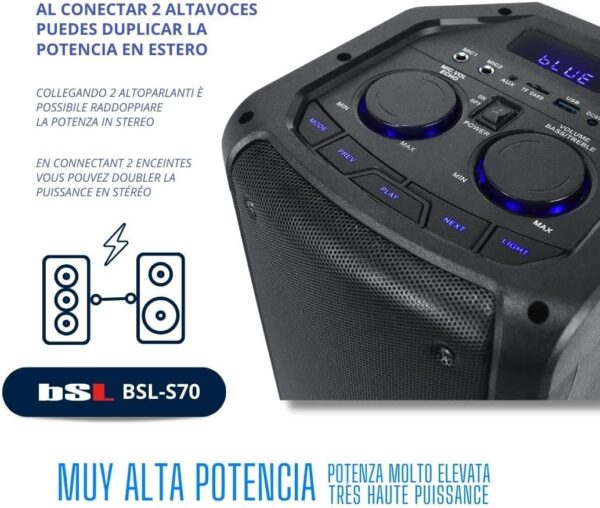 Altavoz Bluetooth BSL-S70 | 60W RMS | Bluetooth 5.0 con True Wireless | Batería de 3600 Mah | Radio FM y Reproductor MP3 vía USB-TF | Entrada Auxiliar y Doble Entrada de micrófono. Negro - Image 5