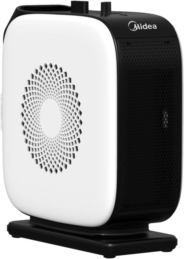 Midea Nty15-19Cae - Termoventilador de bajo consumo PTC, cerámica, calentador eléctrico portátil, 1500 W energéticamente eficiente con termostato ajustable, blanco y negro, 25,8 x 10,3 x 28,5 cm, 3 kg