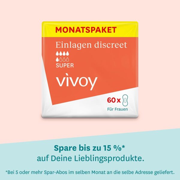 Vivoy Discreet Super – 60 compresas en paquete mensual (6 x 10 unidades) – para incontinencia e incontinencia moderada – compresas higiénicas para mujeres empaquetadas individualmente - Image 7