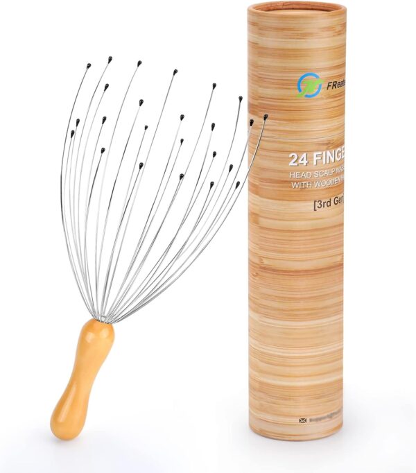 FREATECH Araña de Masaje Cabeza con 24 Dedos - Mango Madera Ergonómico, Masajeador Cabeza para Relajación Profunda y Alivio Estrés, Raspador de Cabeza para Estimular Cuero Cabelludo