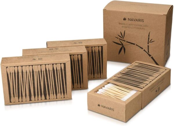 Navaris Bastoncillos para los oídos de bambú y algodón - 800 Palillos de orejas 100% reciclables biodegradables y ecológicos - 4 cajas de 200 uds.