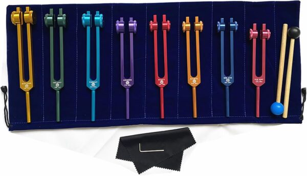 NEWFUN Diapason, Diapasones Terapeuticos Chakras, Juego de Diapasones de 8 Piezas, Para Terapia de Sonido Terapéutico, Vibraciones Equilibrantes, 2 x Martillos de Silicona,1 x Bolsa