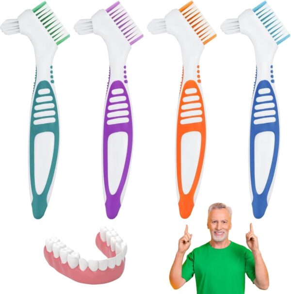 Cepillo Dentaduras Postizas,4 unidades Cepillo de Dientes para Dentaduras,Postizas con Cabeza de Doble Cerda,Cepillos de Limpieza de Dentaduras,Cepillo para Dentaduras Postizas
