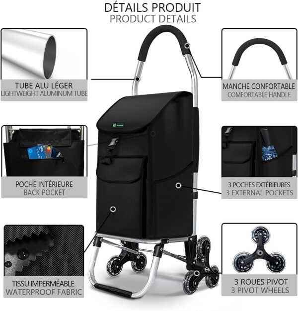 VOUNOT Carrito Compra Plegable de Aluminio, Carro de la Compra 6 Ruedas con Bolsa Oxford Desmontable, 45 L, Negro - Image 2