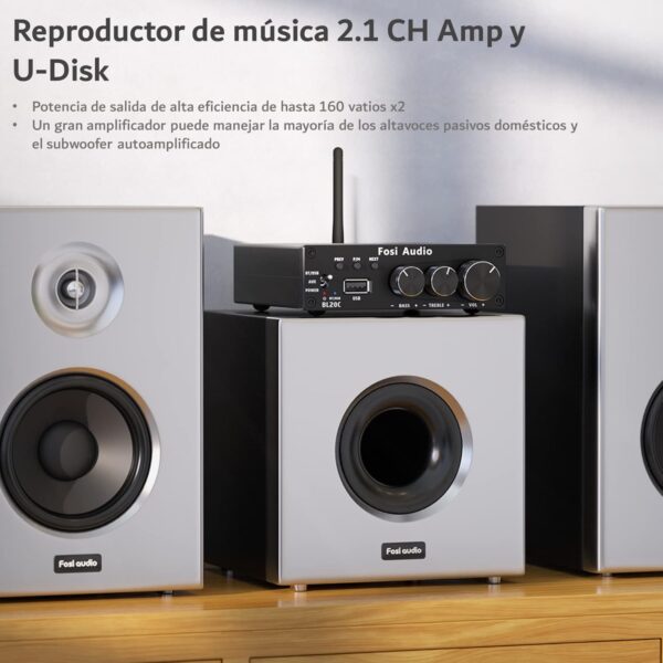 Fosi Audio BL20C Amplificador Receptor con Bluetooth 160W X2, Audio Estéreo 5.0, Reproductor U-Disk con Amplificador de Alta Resolución de 2.1 Canales, Altavoces Pasivos y Subwoofer Activo - Image 3