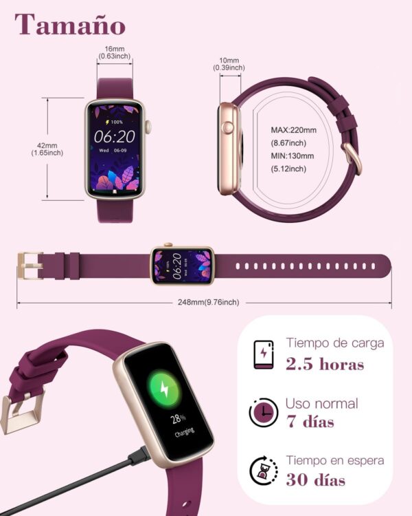 SHANG WING Reloj Inteligente Mujer,Pulsera Inteligente Mujer con Oxímetro, IP68 Impermeable,DIY Esfera Reloj, Monitor Sueño, Podómetro, Pulsómetro Smartwatch Mujer para Android iOS Morada - Image 7