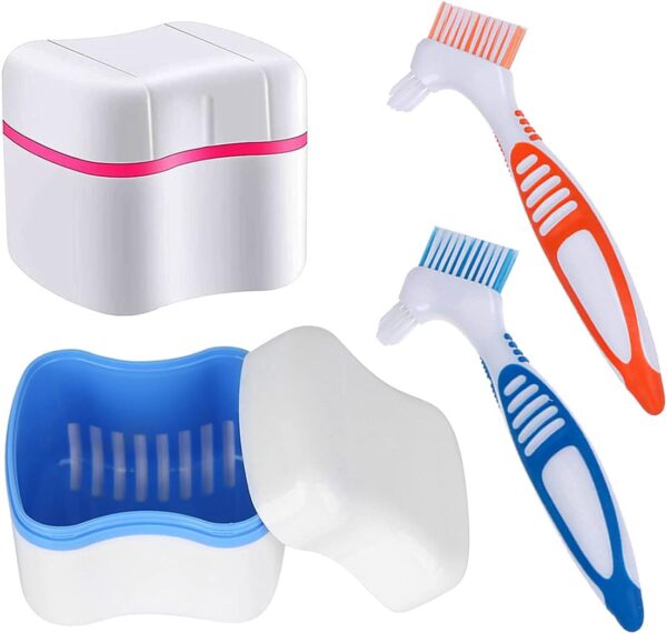 Juego de 2 cepillos y caja de limpieza de dentaduras – Estuche de baño para dentadura con cesta + 2 cepillos para dentadura portátil, caja de almacenamiento de retención de dentadura